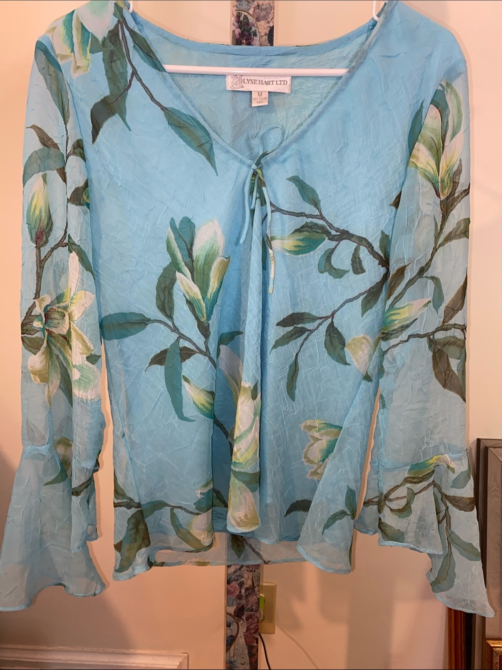 Lysse Heart Ltd Floral Tie-Neck Light Blue Women's Blouse
